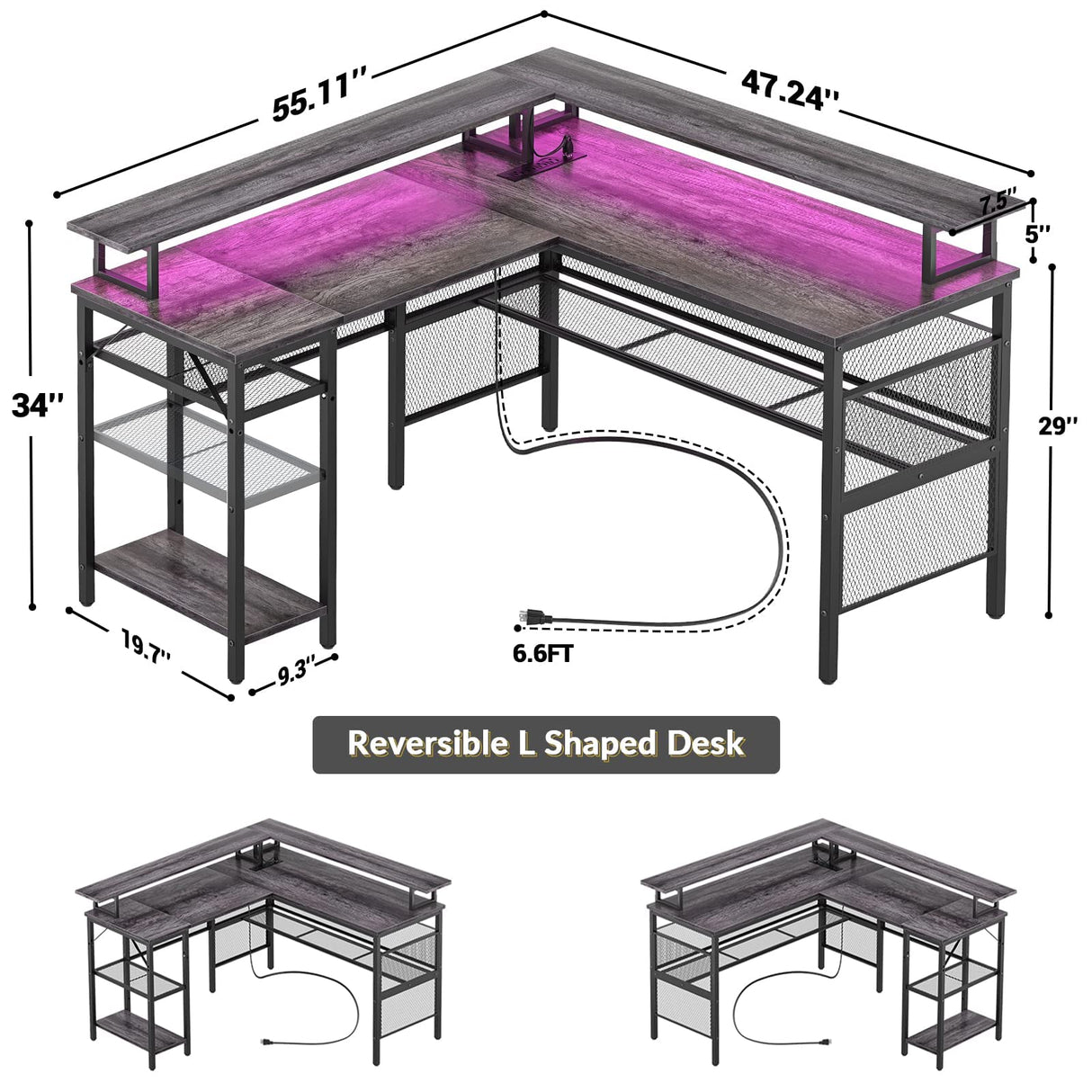 Unikito L Shaped Computer Desk, Reversible Corner Desk with Power Outlet and LED Strip, L- Shaped Gaming Table with Monitor Stand and Storage Shelf, Ergonomic 2 Person Home Office Work Desk, Black Oak