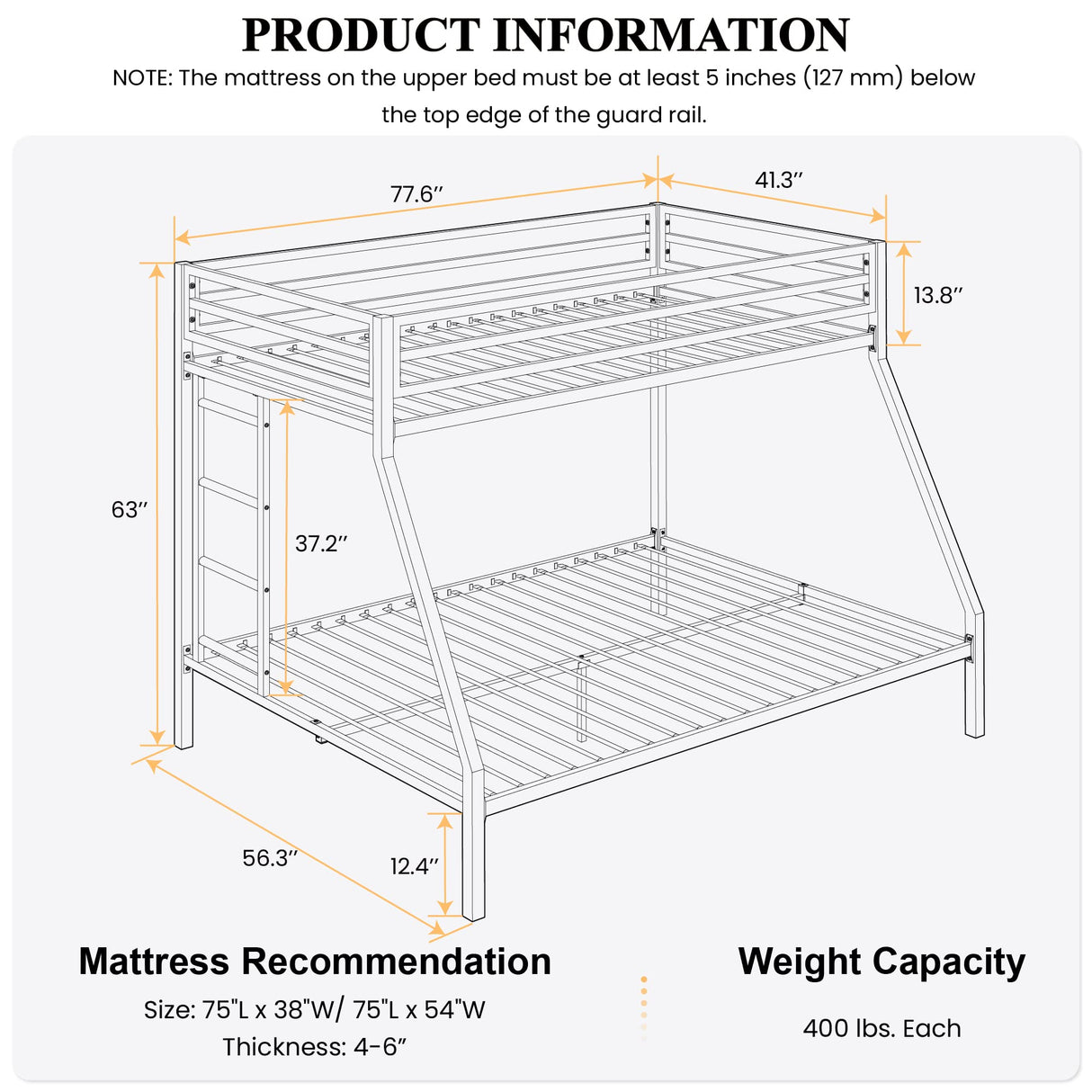 Metal Bunk Bed Twin Over Full Size with Removable Stairs, Heavy Duty Sturdy Frame