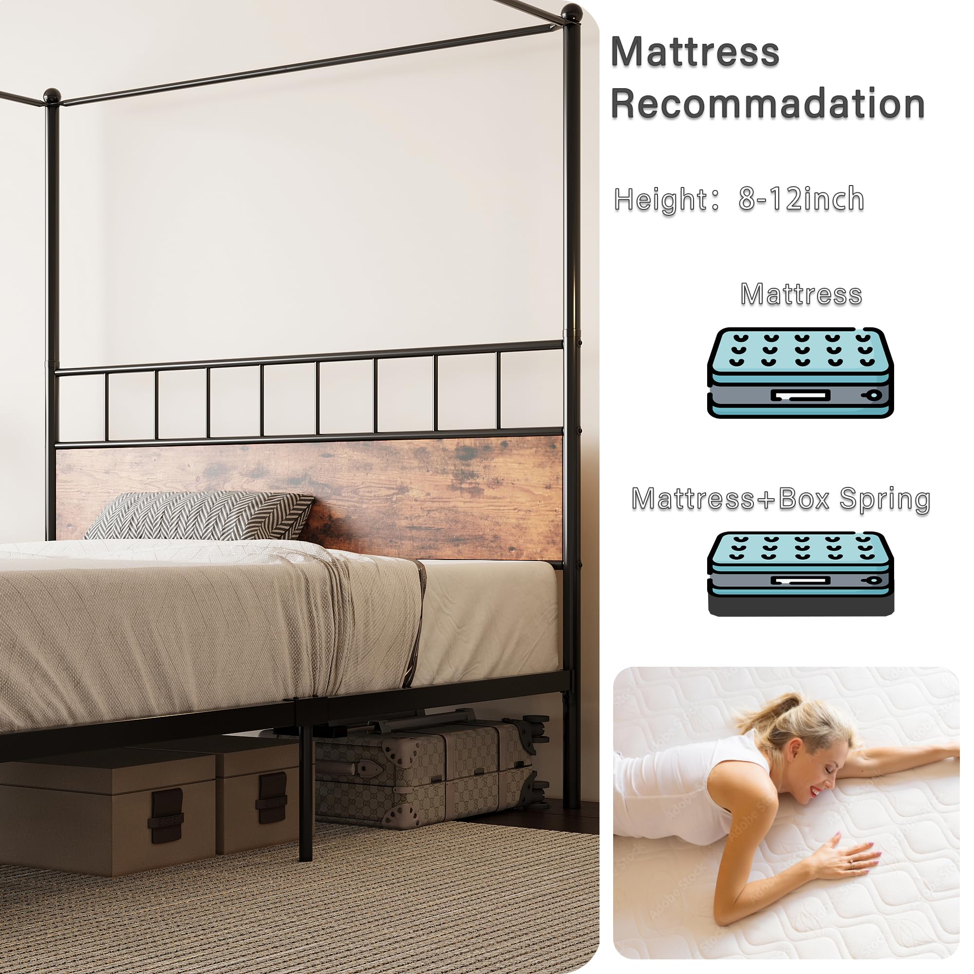 King Canopy Bed Frame with Wooden Headboard, King Size Bed Frame