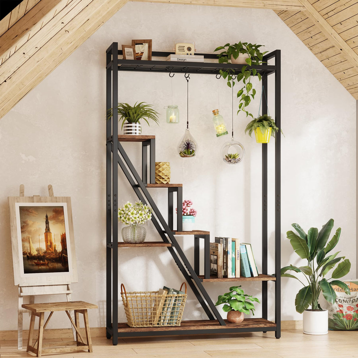 70.9" Tall Indoor Plant Stand, 7-Tier Large Plant Shelf with 5 S-Hooks