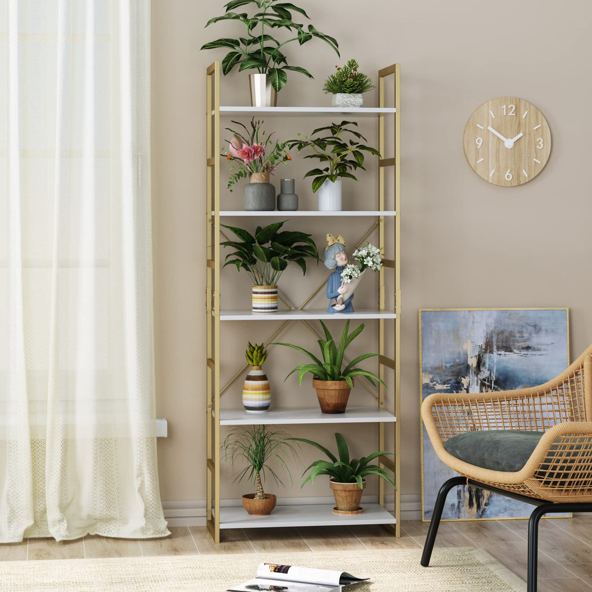 Industrial Gold Bookcase with Metal Frame, Modern Display Shelves