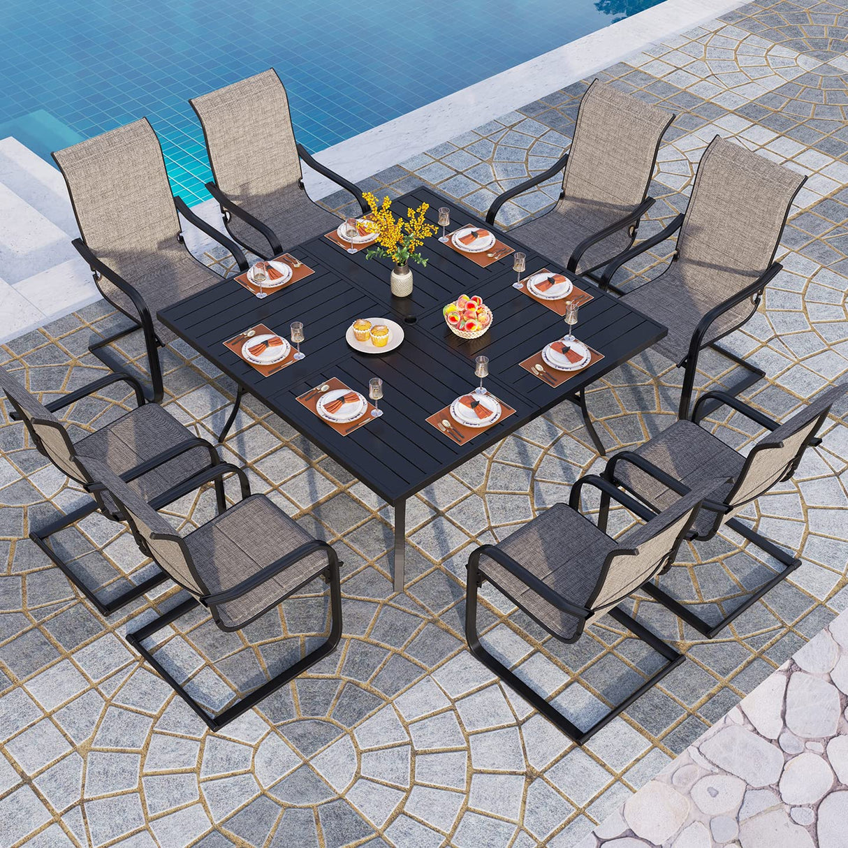 9 pcs Patio Dining Set, Large Square Table with Umbrella Dining Chairs