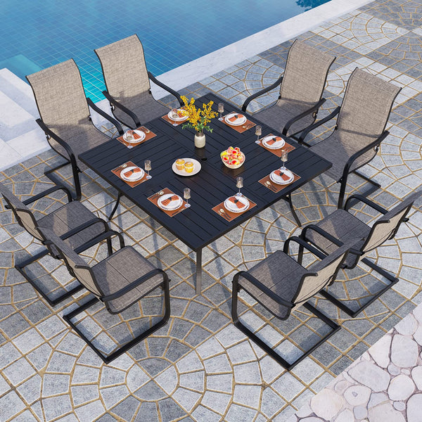 9 pcs Patio Dining Set, Large Square Table with Umbrella Hole and 8 Spring Dining Chairs