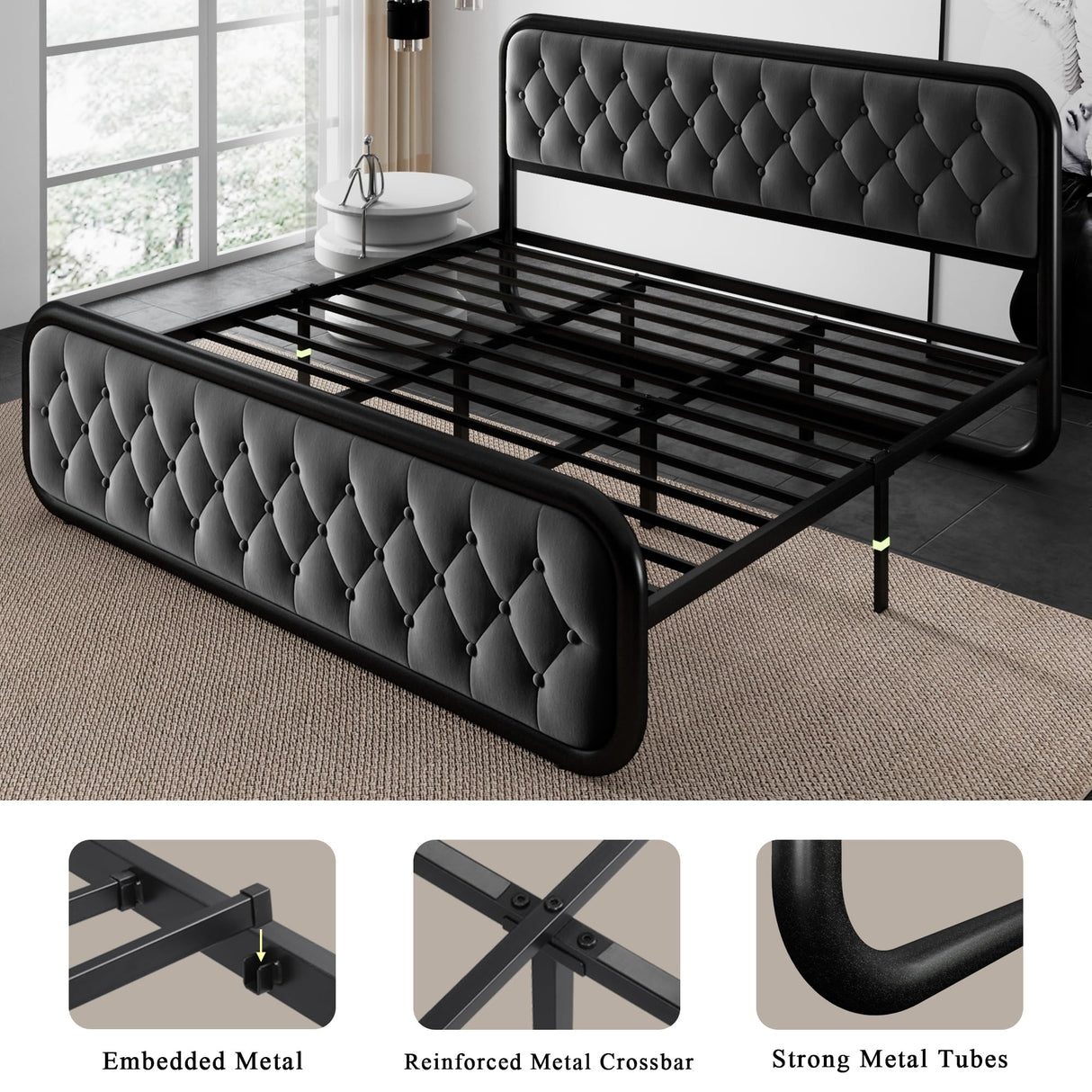 King Size Bed Frame, Heavy Duty Bed Frame with Buton Tufted Headboard, Upholstered