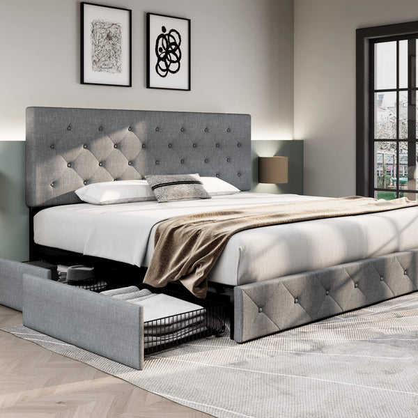 Upholstered King Size Platform Bed Frame with 4 Storage Drawer
