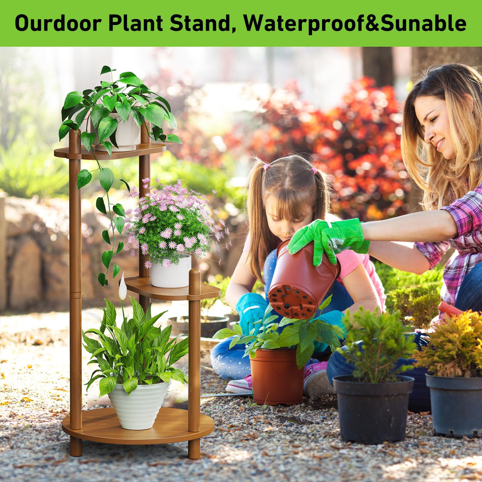 Enisudo 3-Tier Bamboo Plant Stand – Elegant Walnut Display Shelf