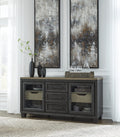 Foyland Casual Dining Room Server with Soft-close Drawers, Black & Dark Brown