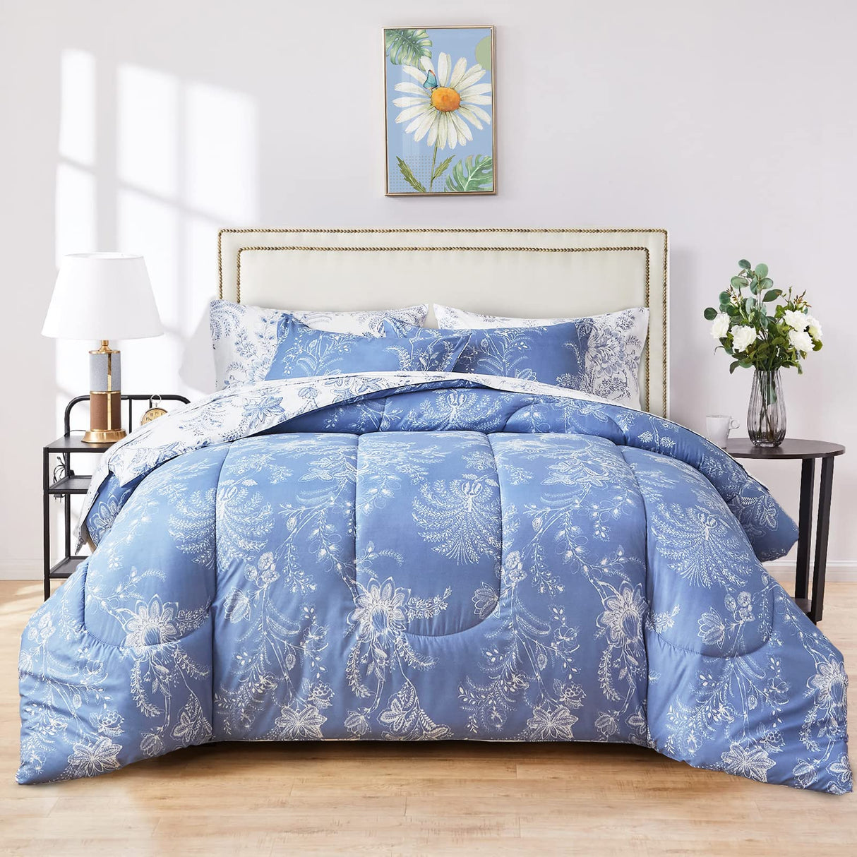 Floral Rversible Comforter Set Queen Size, Botanical Pattern Printed White