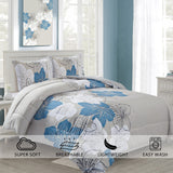 Floral Bed Comforter Set King - Blue Floral Pattern Printed on Grey