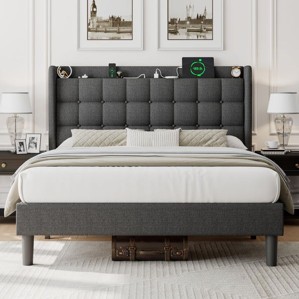 Queen Bed Frame with Button Tufted Headboard, Upholstered Platform Bed with Charging