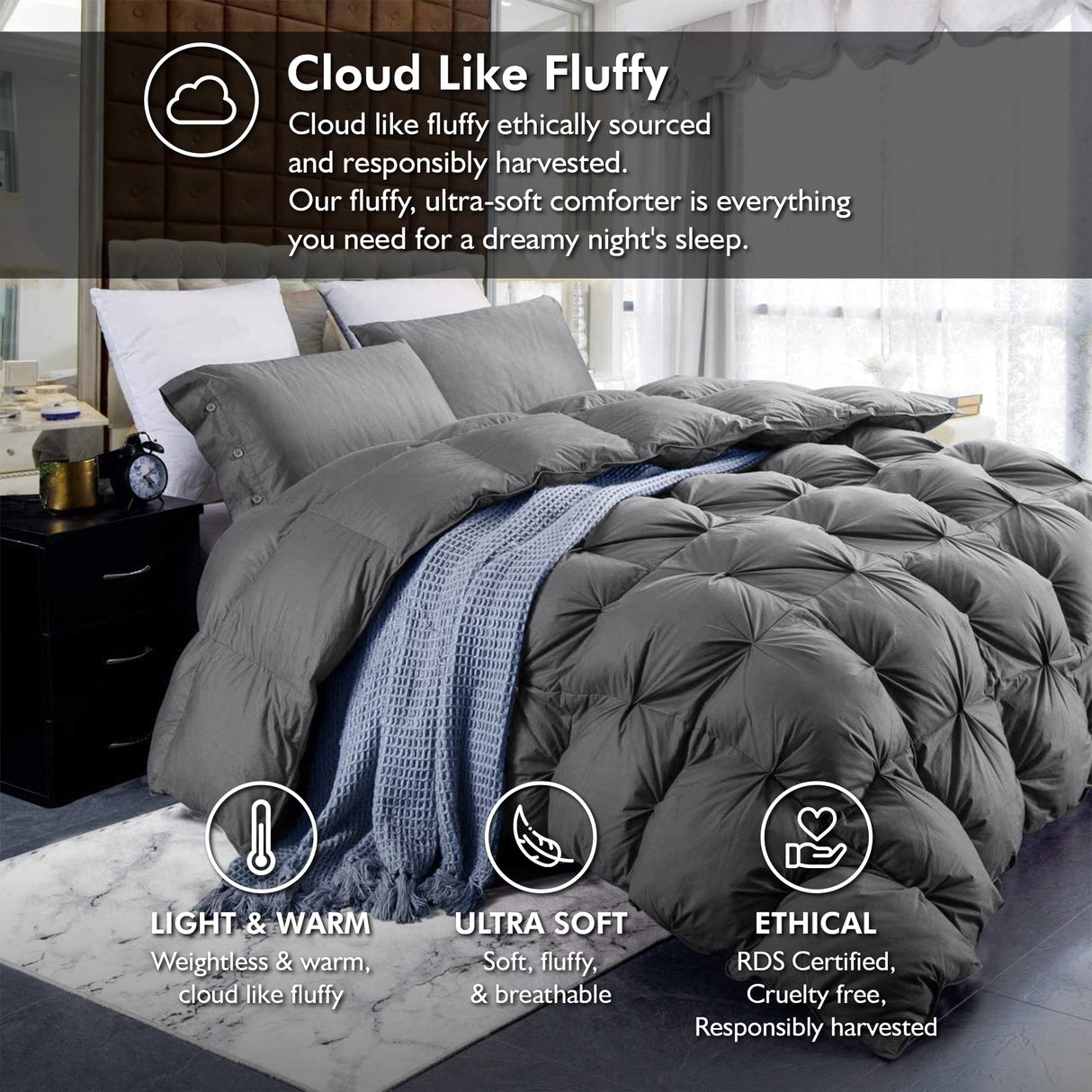 Luxurious All-Season Goose Down Feather Fiber Comforter King Size Duvet Insert