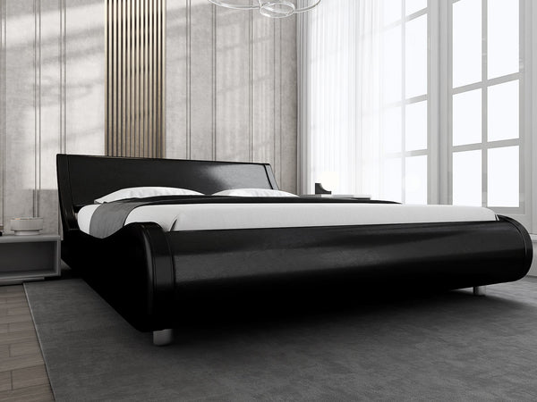 Upholstered King Size Platform Bed Frame Modern Low Profile Sleigh Bed with Faux Leather