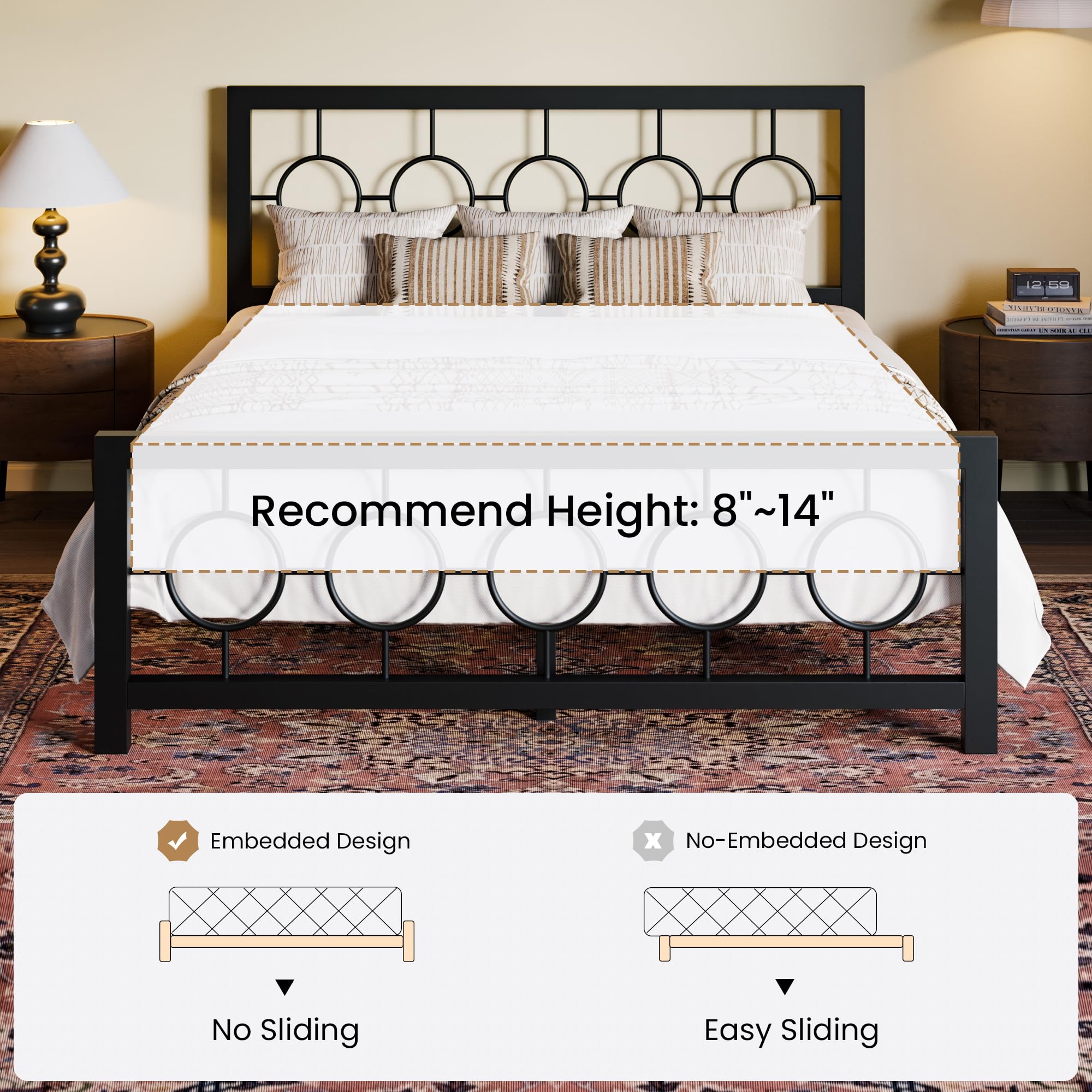 Queen Size Metal Bed Frame with Vintage Circular Design Headboard and Footboard