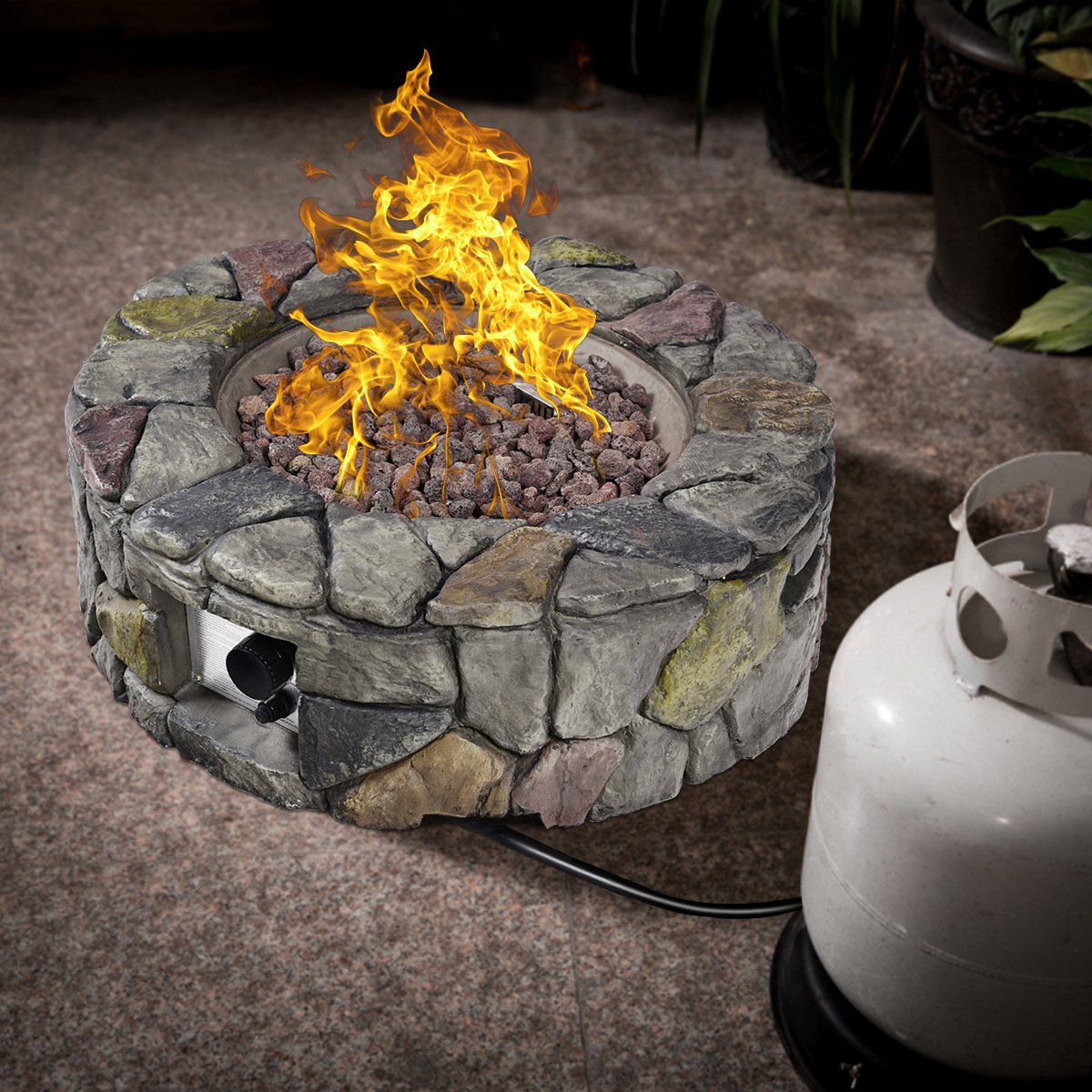 Gas Fire Pit, 28 Inch 40,000 BTU Propane Fire Outdoor w/Natural Stone