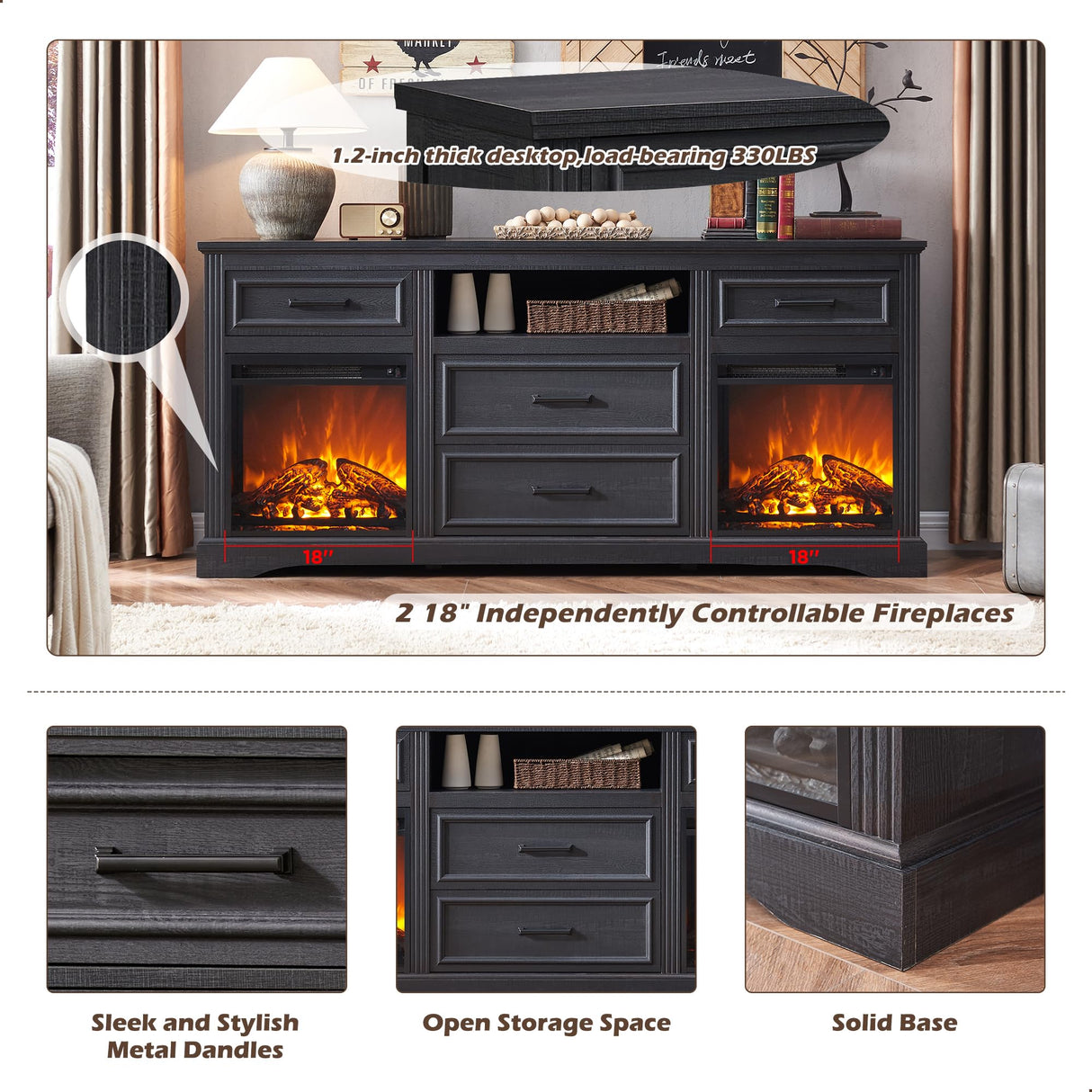 Farmhouse Double Fireplaces TV Stand for TVs Up to 80 inches