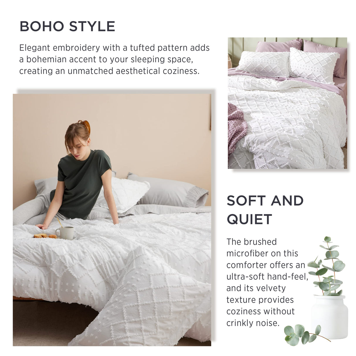 Boho Comforter Set  - White Tufted Shabby Chic Bedding Comforter Set