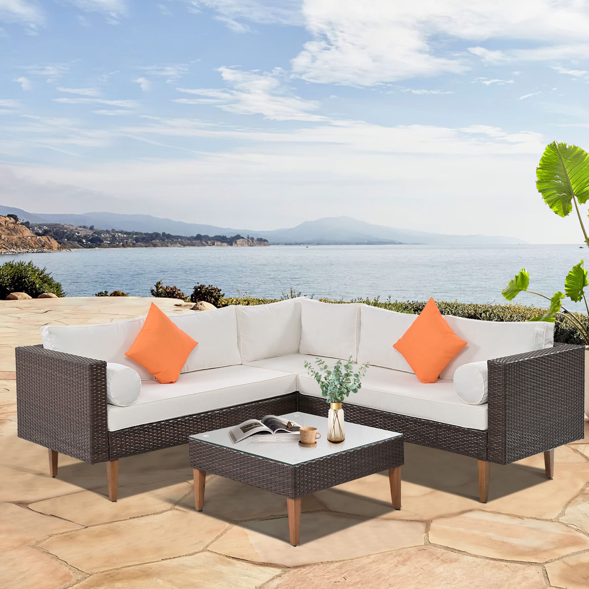 4-Pieces Outdoor Wicker Sofa Set, Patio Furniture with Colorful Pillows
