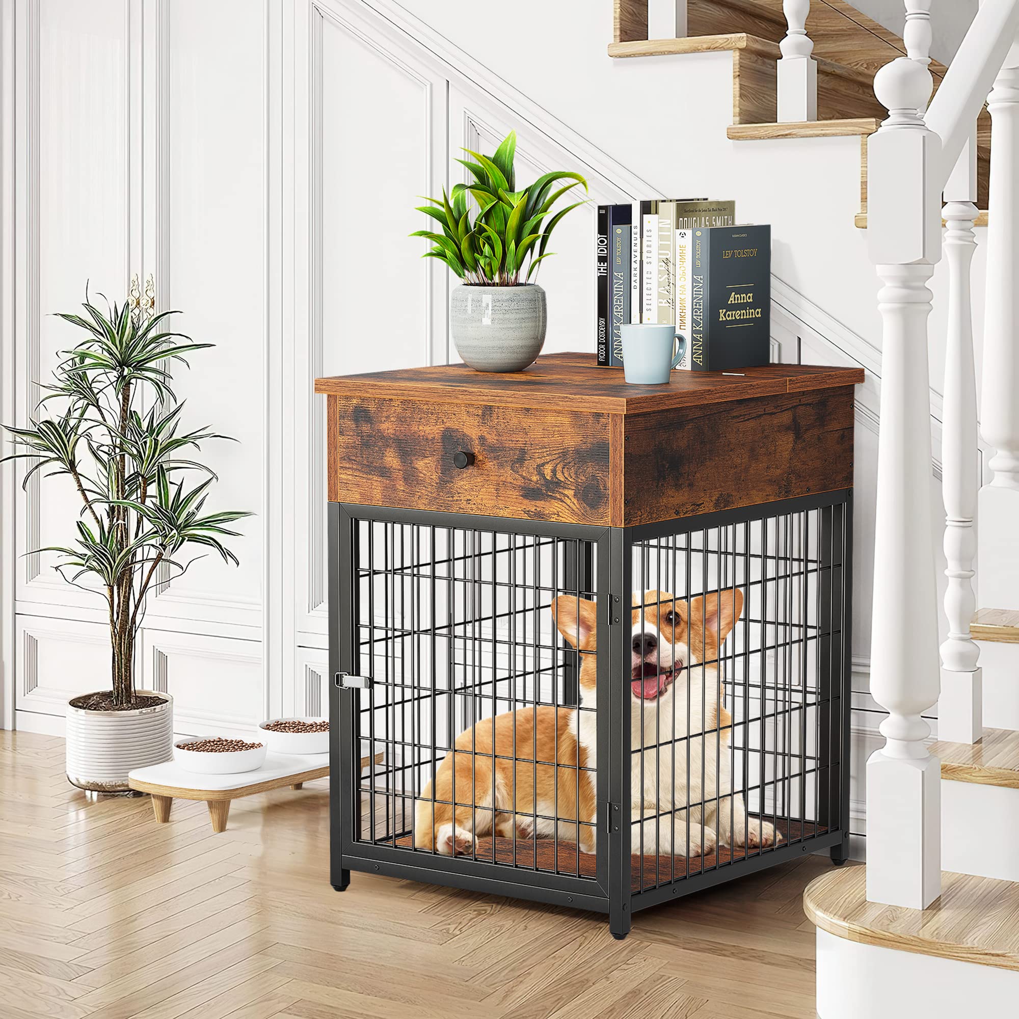 Furniture Dog Crates, 28.9" Wood Dog Kennel with Flip-up Drawer Chew-Proof Home Wood