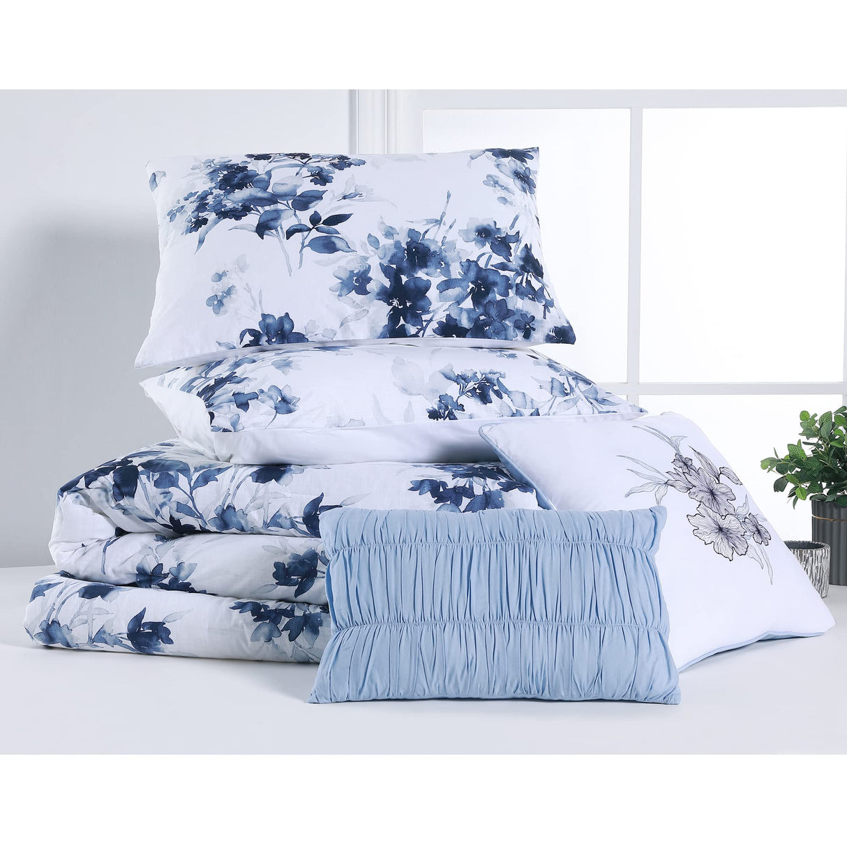 Cotton Comforter Set Queen Size, 5 Pieces Navy Blue and White Queen Floral Comforter