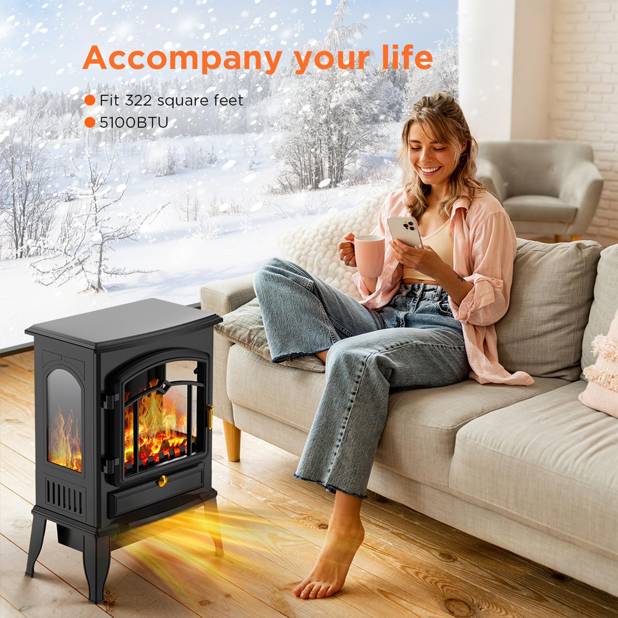 Freestanding Fireplace Heater with Realistic Flame