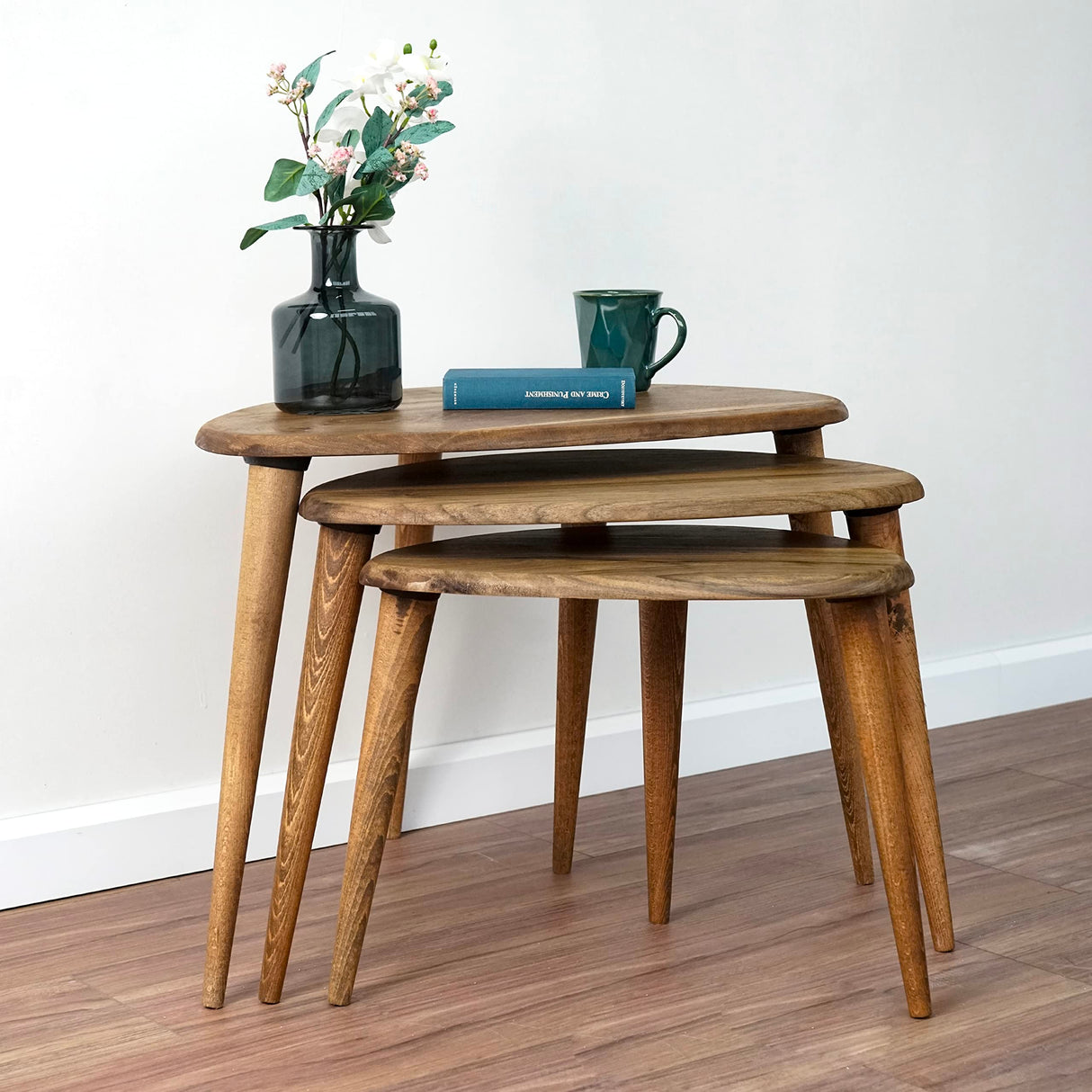 Solid Nesting Table Set of 3- Walnut Mid Century Pebble Tables