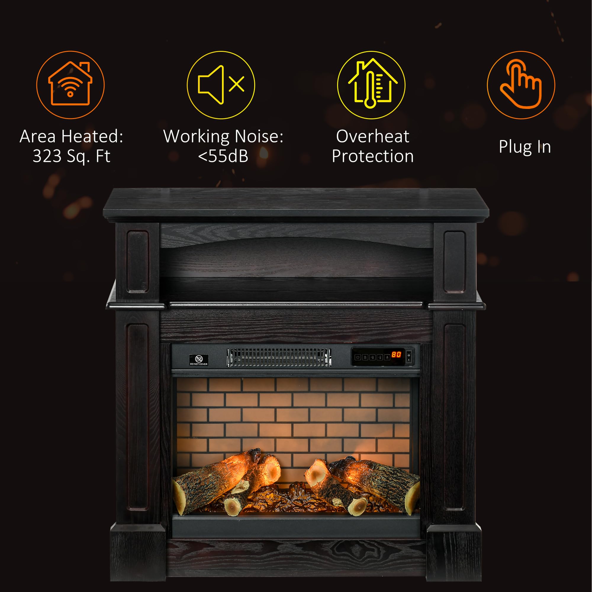 32" Electric Fireplace with Mantel, Freestanding Heater with LED Log Flame