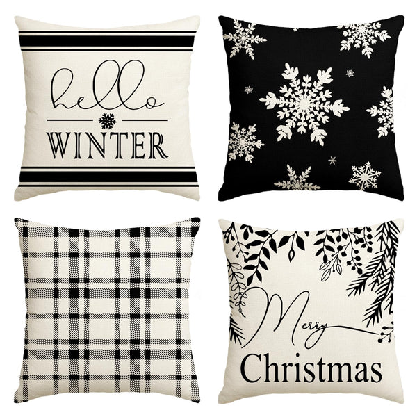 Merry Christmas Hello Winter Buffalo Plaid Snowflake Throw Pillow Cover