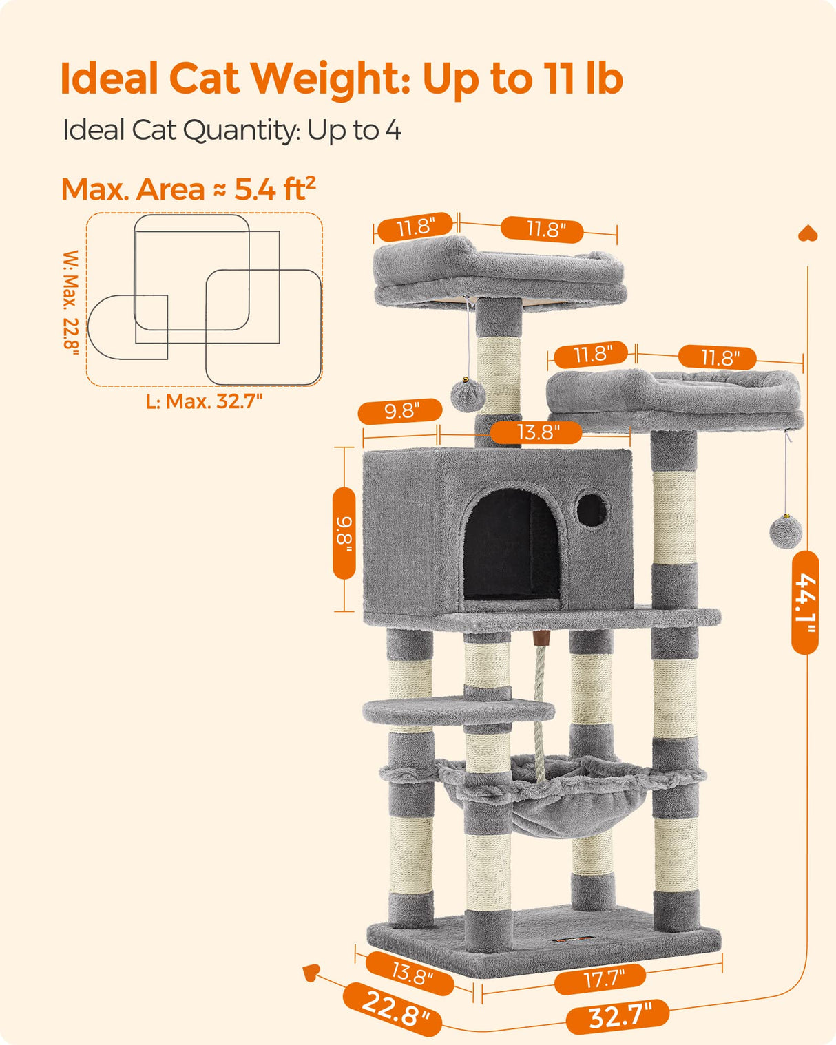 Cat Tree, 44.1-Inch Cat Tower for Indoor Cats, Multi-Level Cat Condo