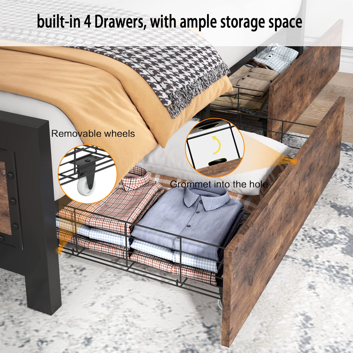 Queen Size Bed Frame with 4 Storage Drawers