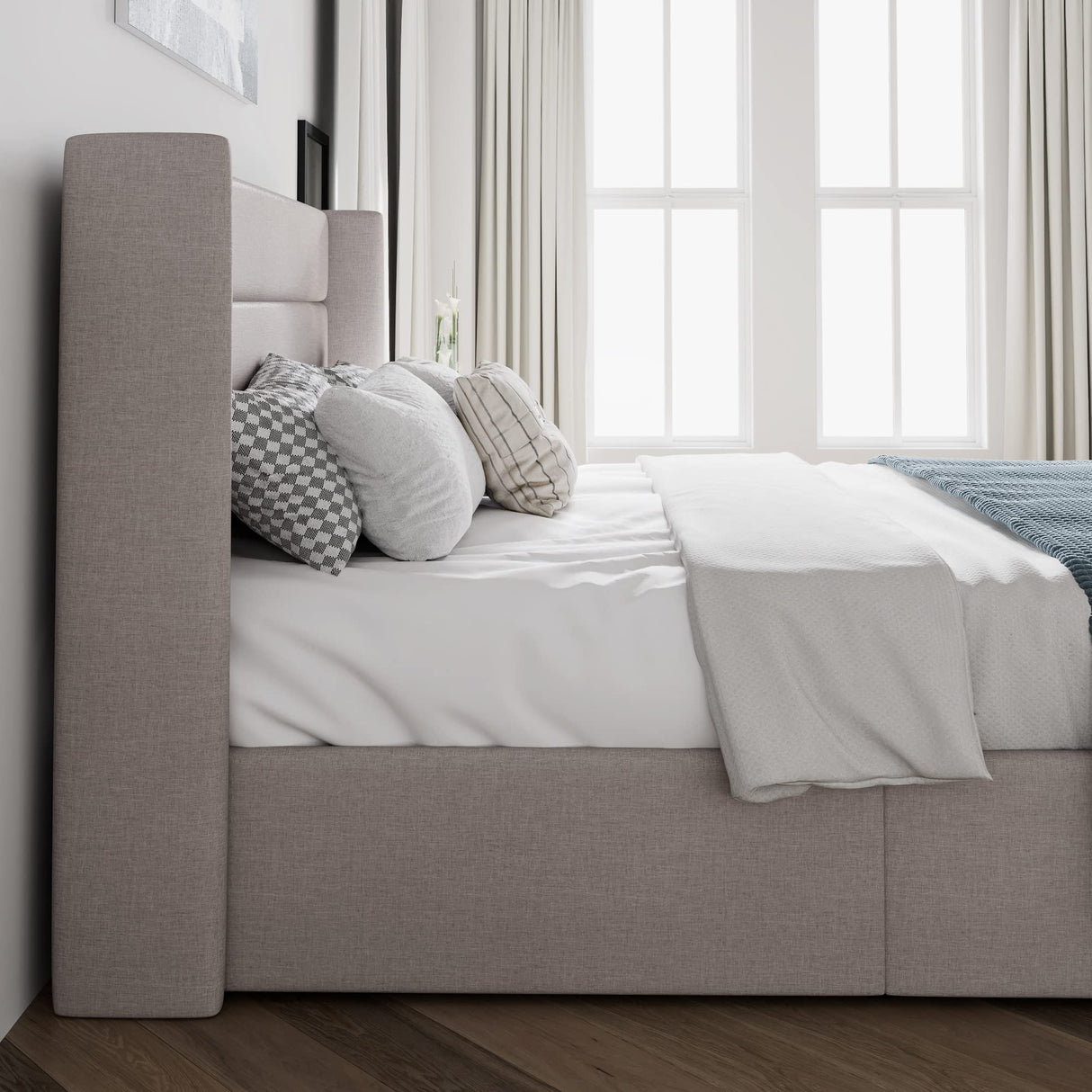 Lift Up Storage Bed/Modern Wingback Headboard/Upholstered Platform Bed Frame