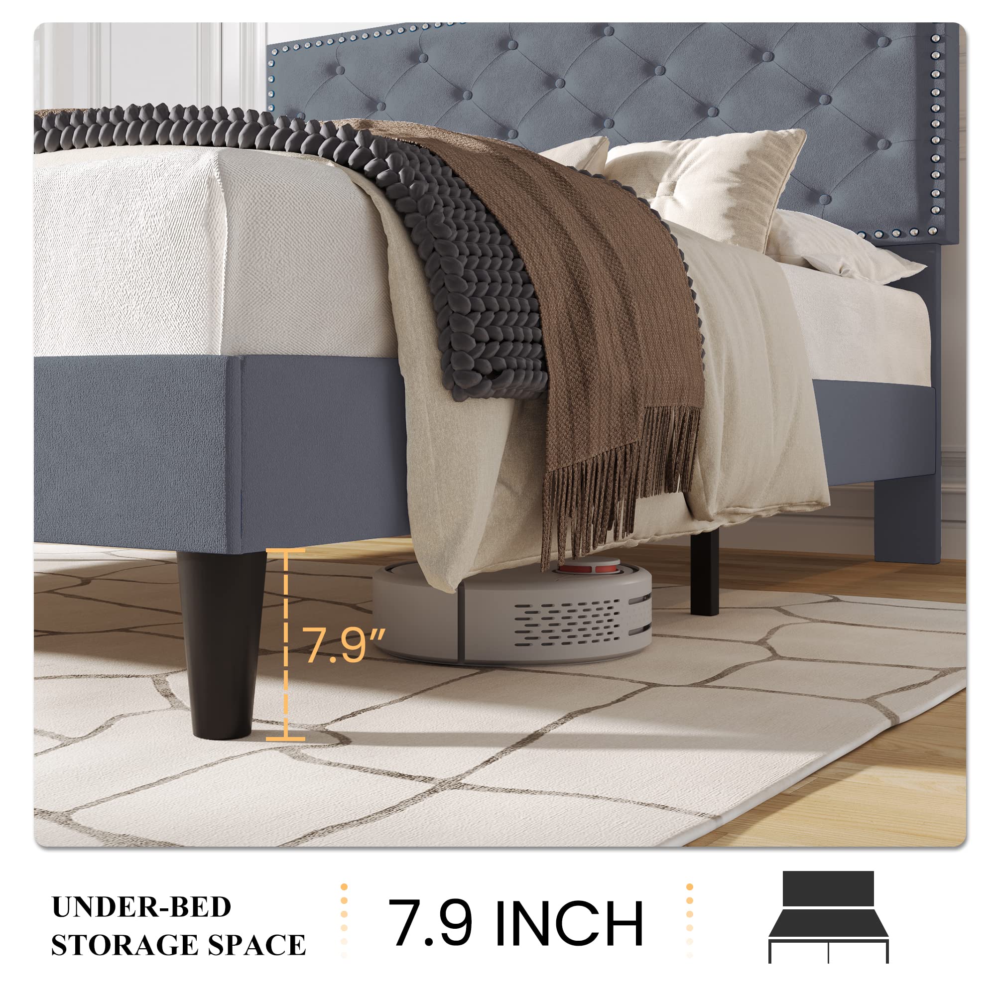 Full Size Velvet Bed Frame with Adjustable Headboard, Diamond Button Tufted and Rivet