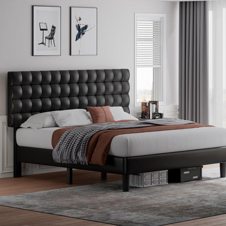 King Size Platform Bed Frame, Faux Leather Upholstered Bed Frame with Square Tufted