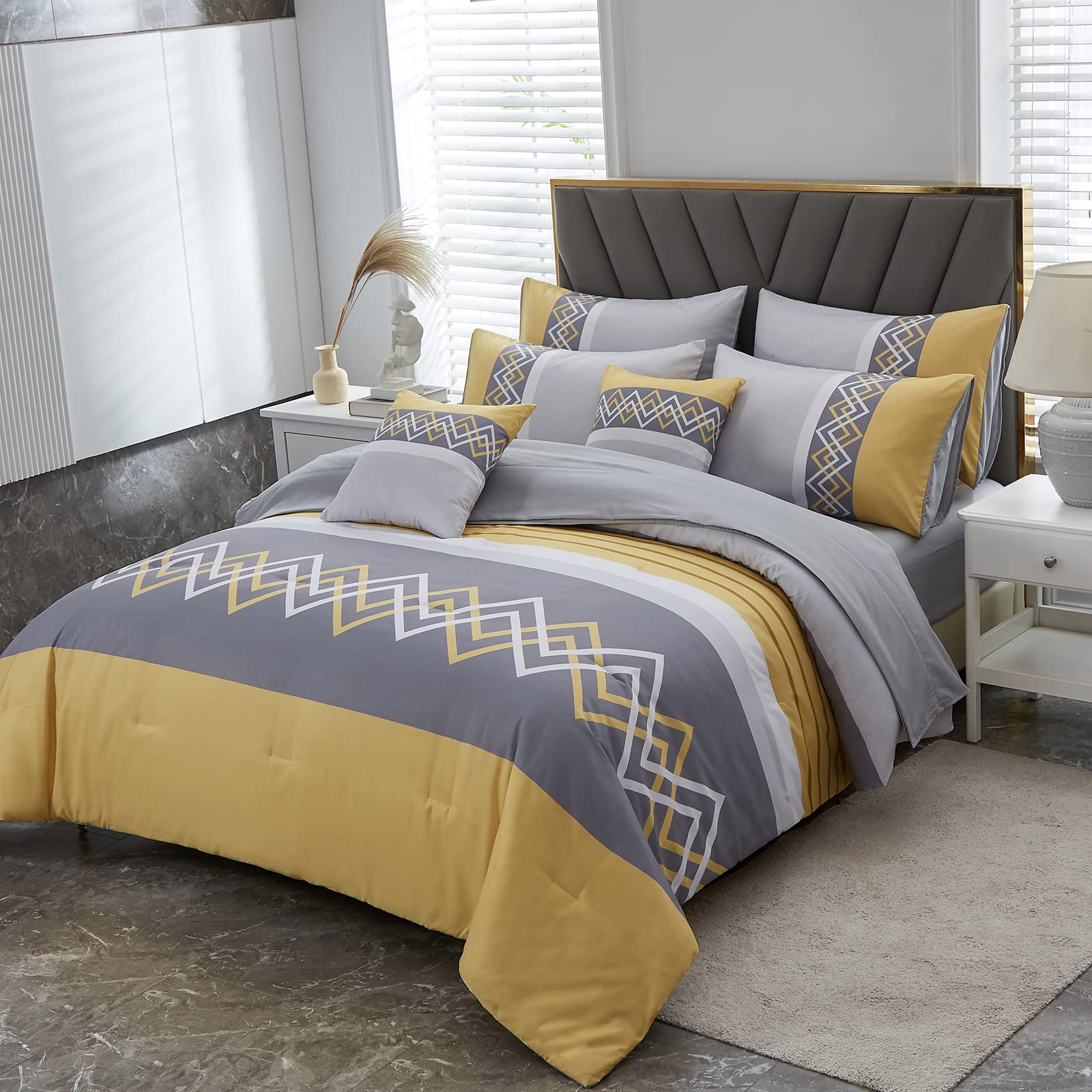 Patchwork Stripe Comforter Set Queen Size,6 Pieces Bed in A Bag,Grey and Yellow Patchwork Striped Comforter and Sheet Set,