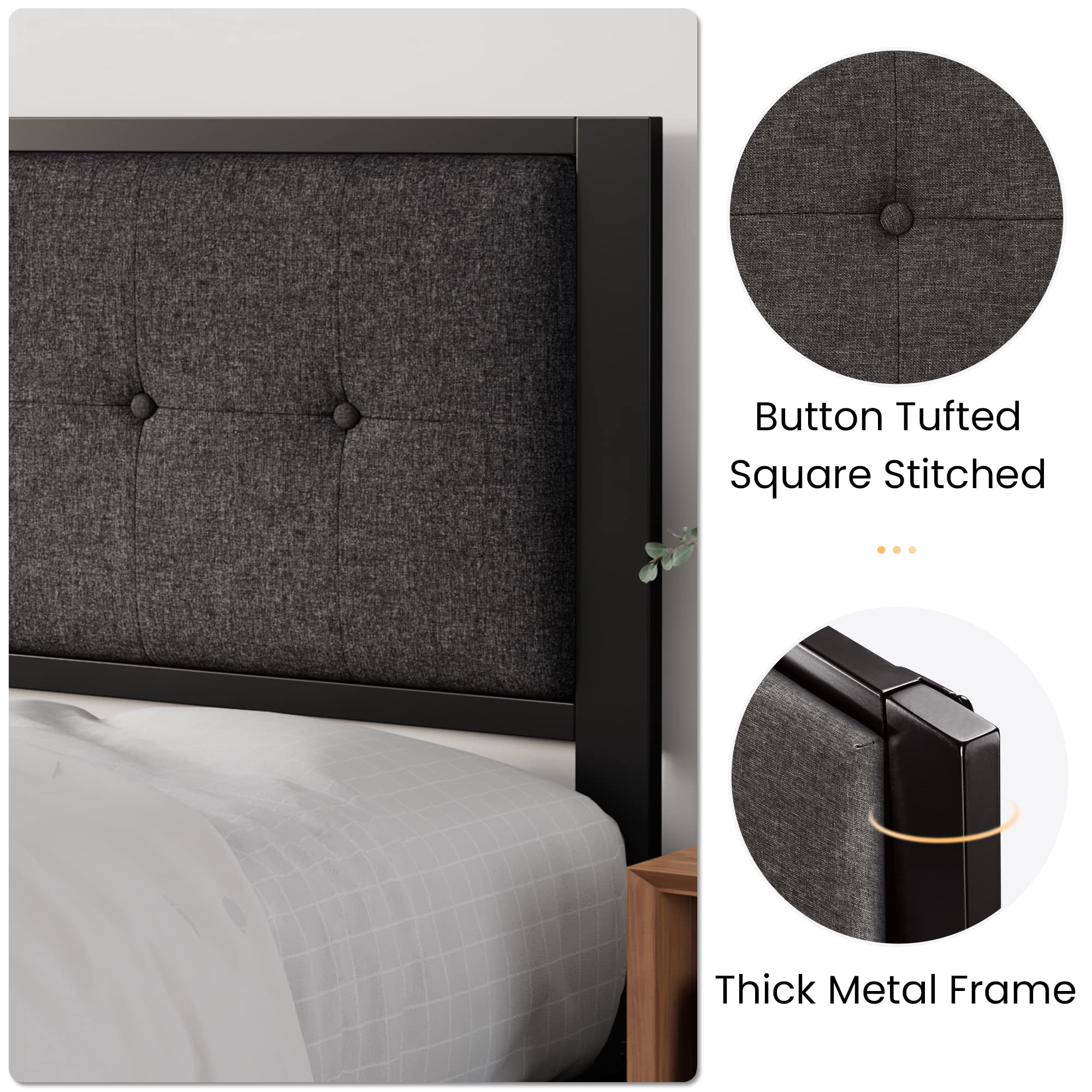 King Size Bed Frame with Upholstered Headboard, Platform Bed Frame with Metal Slats