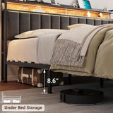 King Bed Frame with Charging Station, Upholstered King Size Bed Frame with LED Lights