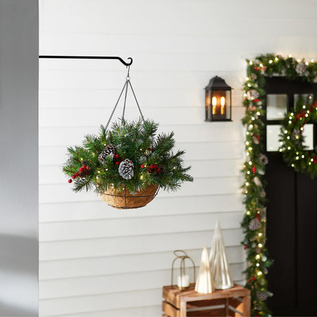 Pre-Lit Artificial Hanging Basket, , Decorated With Frosted Pine Cones