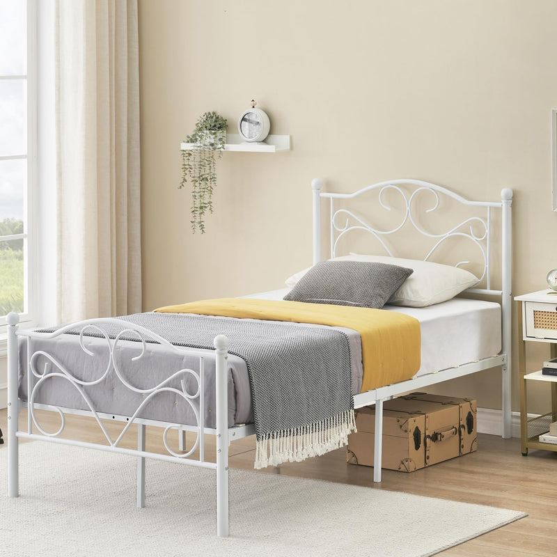 White Twin Bed Frame with Headboard and Footboard for Girls, Metal Platform Bed Frame