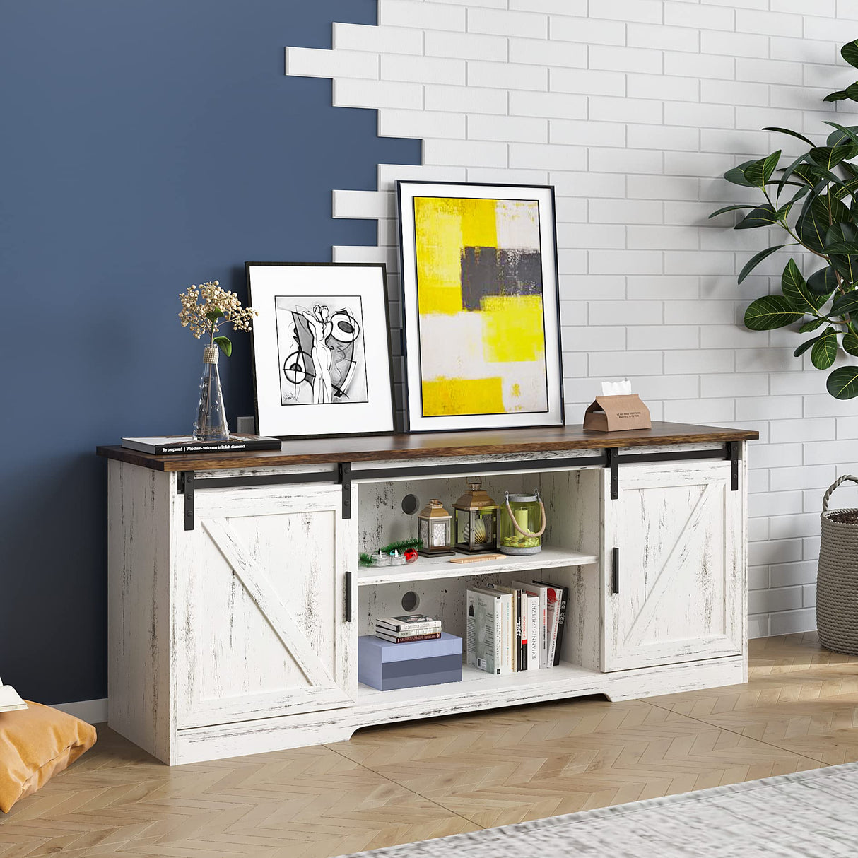 Farmhouse 65" TV Stand, Modern TV Stand White, Entertainment Center