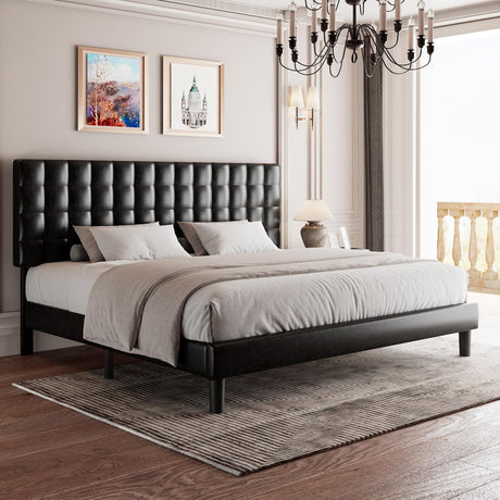 King Size Bed Frame with Square Stitched Headboard, Faux Leather