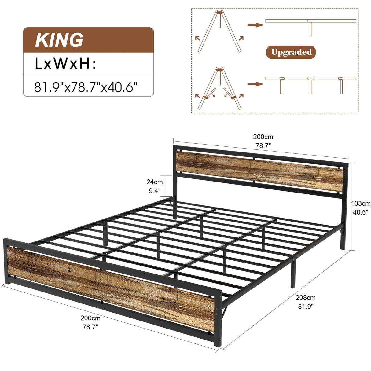 King Size Platform Bed Frame with Industrial Wood Headboard and 12 Strong Support Meta