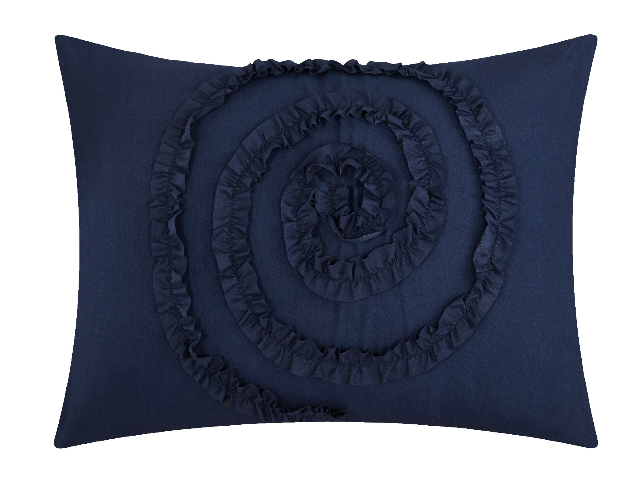 7 Piece Rosalia Floral Ruffled Etched Embroidery Comforter Set, Queen, Navy