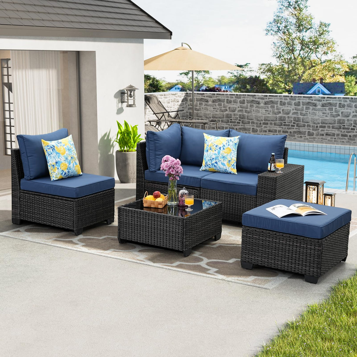 5 Pieces Patio Furniture Set All-Weather Outdoor Wicker Sectional Conversation Sofa