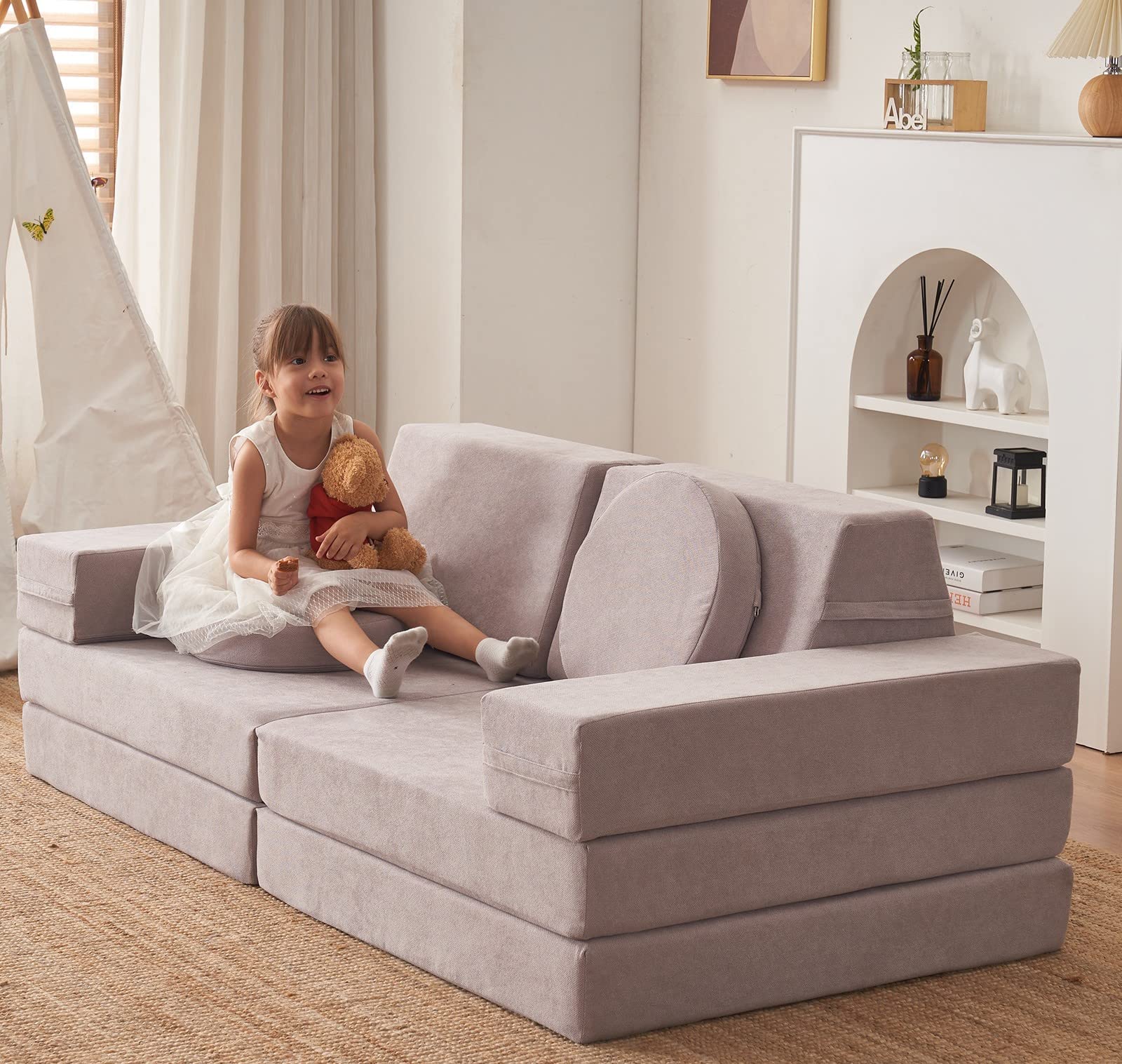 Kids Foam Couch Set 10 Pieces Sand Beige Miss Fabric