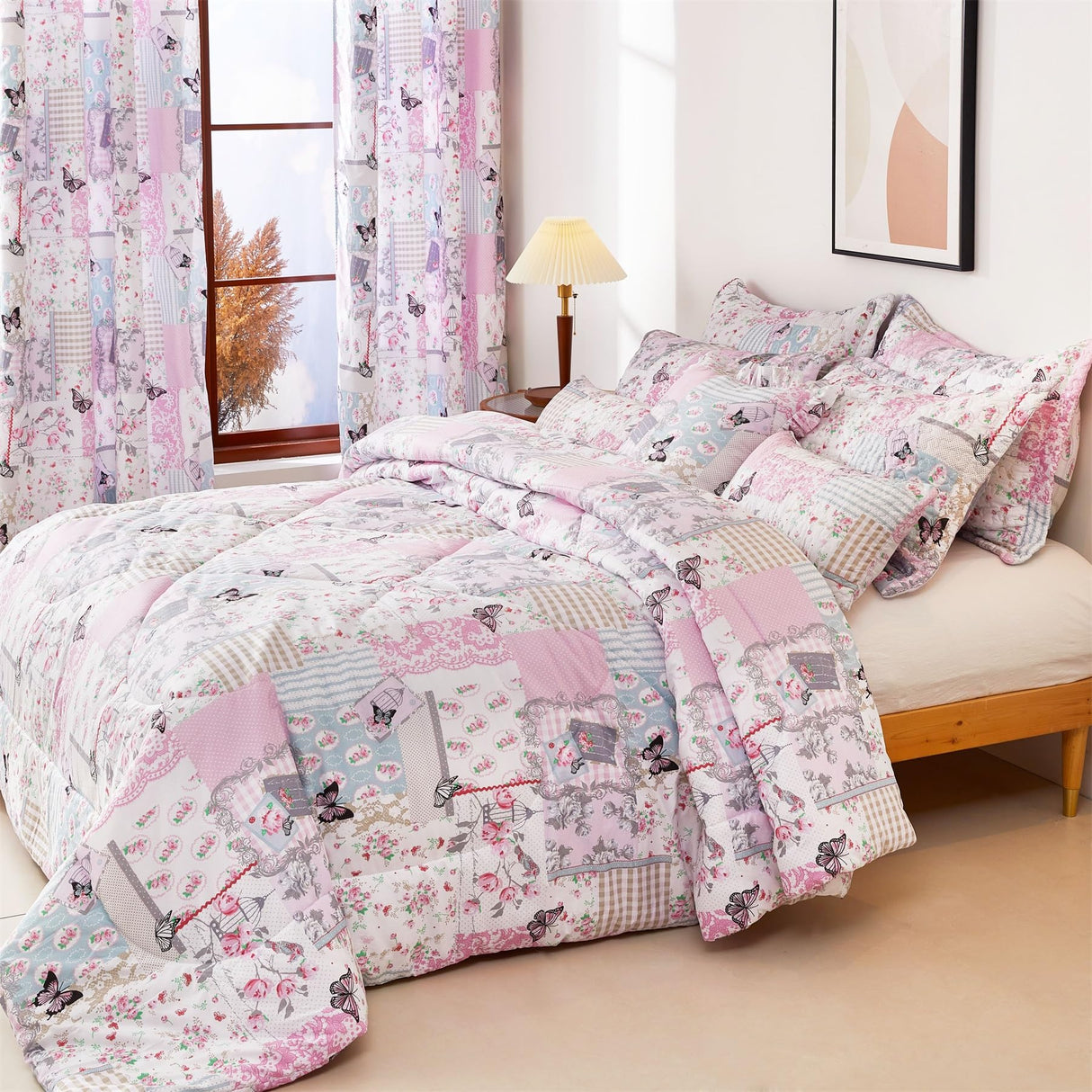 Garden Floral Bedding Set Queen,Reversible Comforter 3 Pieces