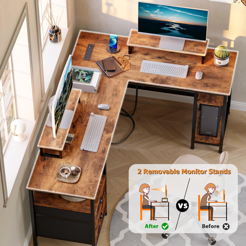 66” L Shaped Desk with Power Outlet, Reversible Computer Desk with File Drawer