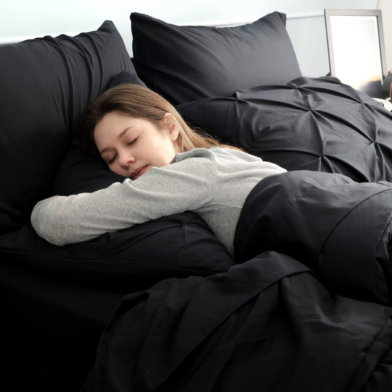 Black Comforter Set Queen - Bed in a Bag Queen 7 Pieces, Pintuck Bedding Sets Black