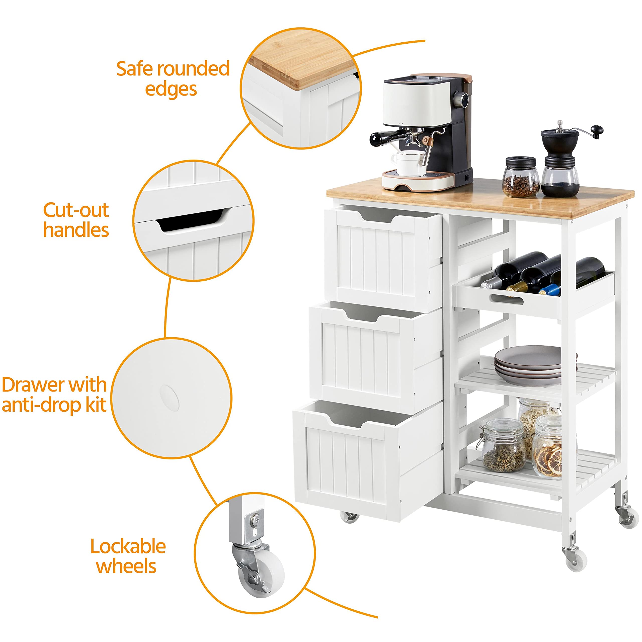 Kitchen Island Cart on Wheels with 3 Drawers and 3 Open Shelves