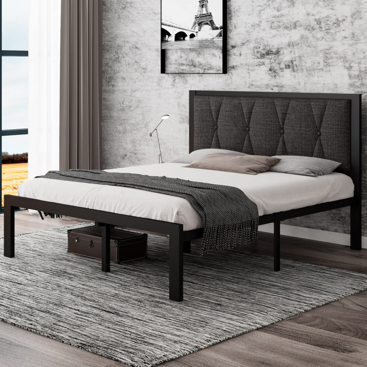 TitanSteel Luxe Metal Bed – Platform Frame with Upholstered Headboard