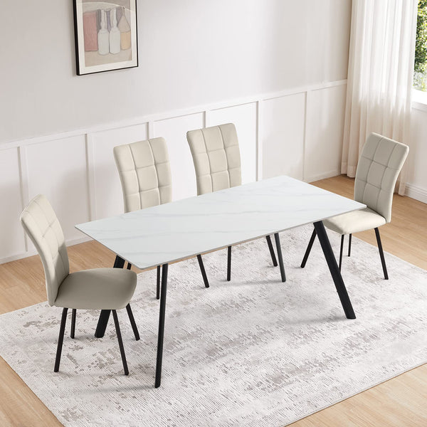 Modern Dining Table Set for 4, Rectangular White Dining Sintered Stone Table