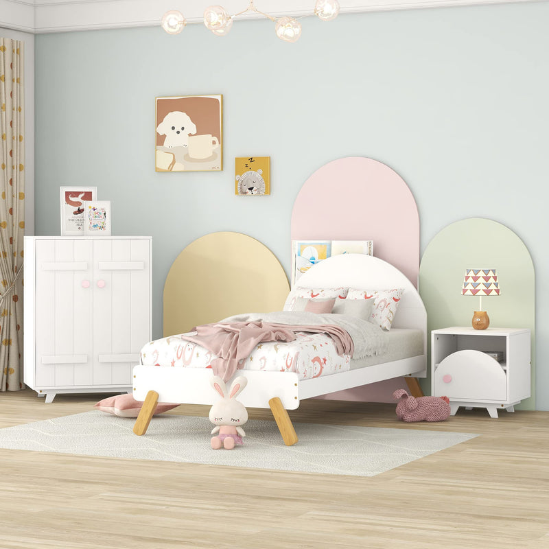 3-Piece Kids Bedroom Furniture Set Include Twin Cute Platform Bed Frame